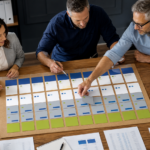 Business team comparing an annual budget, rolling forecast, and actual performance