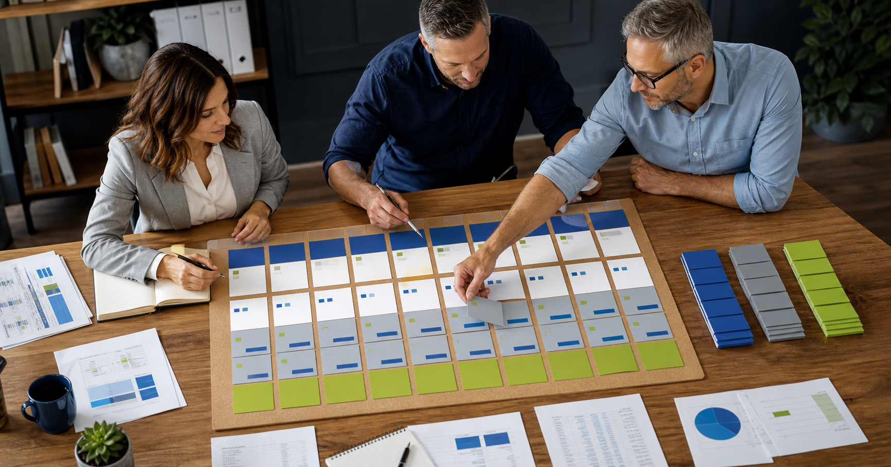 Business team comparing an annual budget, rolling forecast, and actual performance