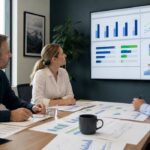 Small business leadership team reviewing performance dashboards and KPIs