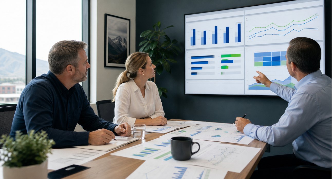 Small business leadership team reviewing performance dashboards and KPIs