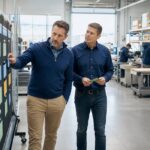 Business advisors reviewing workflow efficiency in a small manufacturing shop