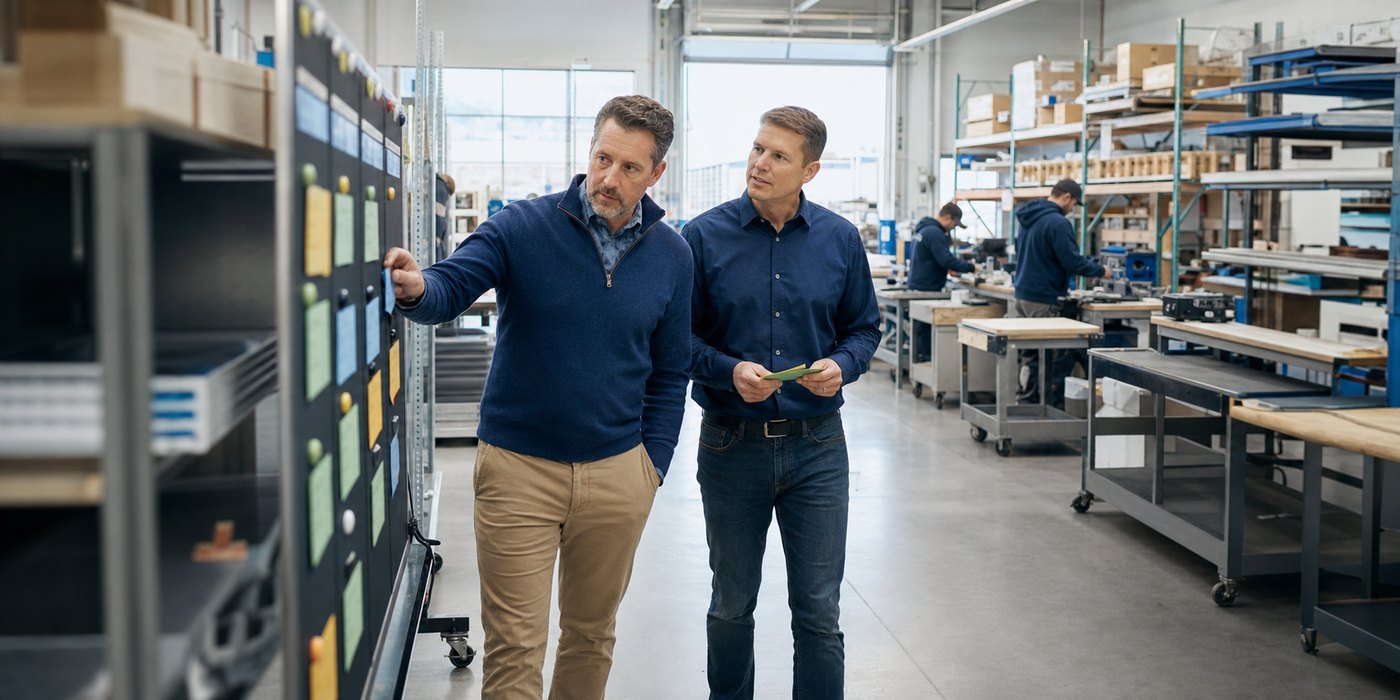 Business advisors reviewing workflow efficiency in a small manufacturing shop