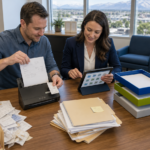 Utah business owner digitizing receipts and financial records into an organized paperless system