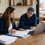 Utah business owner and bookkeeper organizing invoices and monthly financial statements