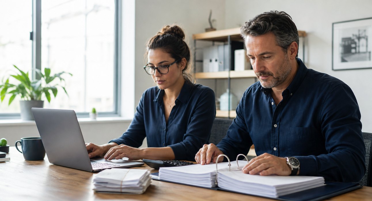 Bookkeeper and business owner completing an organized monthly close