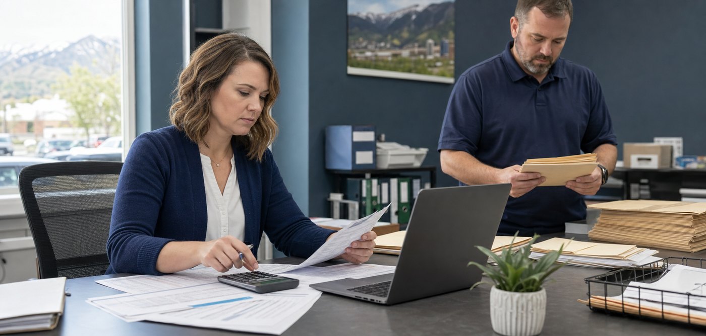 Utah employer and payroll professional reconciling payroll records