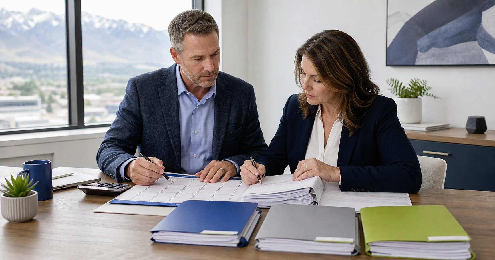 Business owner and payroll professional reviewing a payroll tax compliance calendar