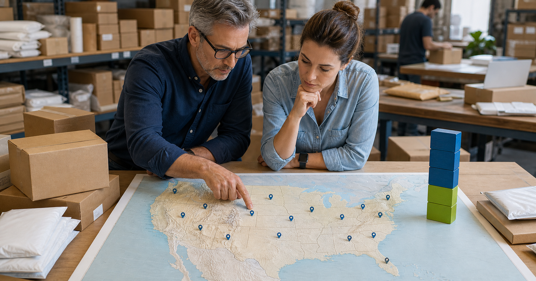 E-commerce business owner and tax adviser mapping sales activity and nexus across multiple states