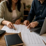 A small-business owner and accountant reviewing current financial reports before building a tax projection.
