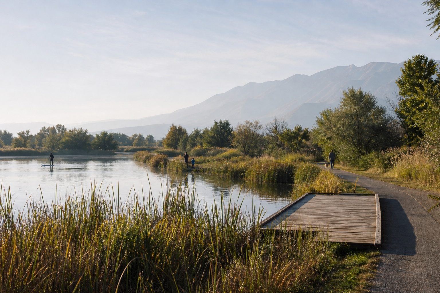 The Wasatch Range rising behind a lake and walking path in Kaysville, Utah