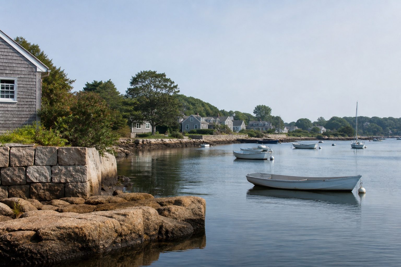 Moored boats in a sheltered harbour on the Rhode Island shoreline at Westerly